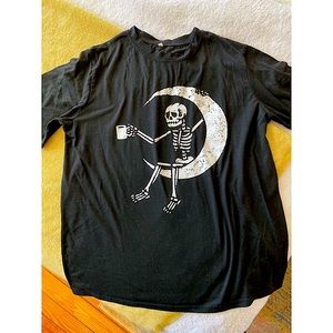 Skeleton drinking coffee on the moon tshirt